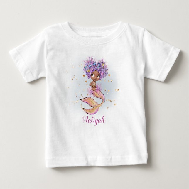 Camiseta Para Bebê Primeiro aniversario de Sereia Afro-Amerikan Baby  (Frente)