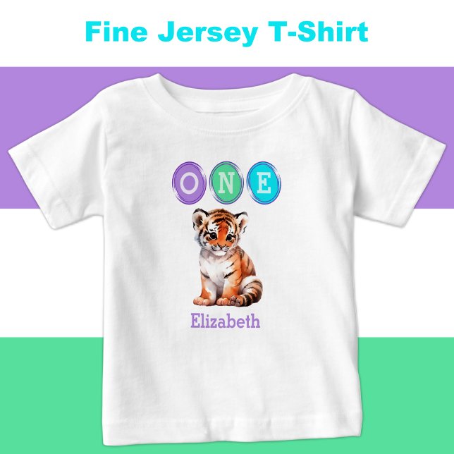 Camiseta Para Bebê Primeiro aniversario de Tiger 1 com nome roxo (Criador carregado)