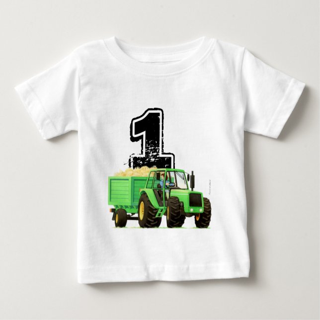 Camiseta Para Bebê Primeiro aniversario de Trator Verde Personalizado (Frente)