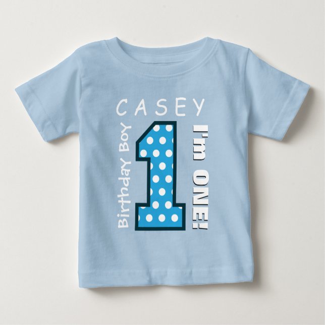 Camiseta Para Bebê primeiro aniversario de um ano Bolinhas azul V01G (Frente)