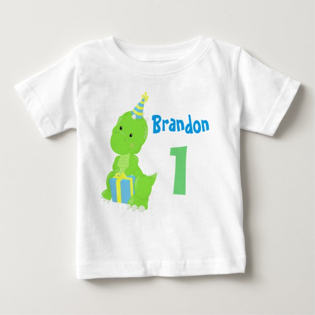 Camiseta Para Bebê Primeiro aniversario Dinossauro Gelado Verde Azul (Frente)