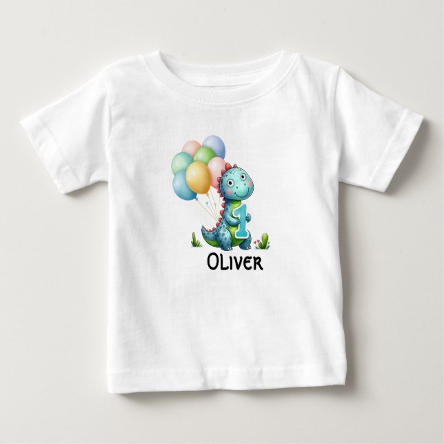 Camiseta Para Bebê primeiro aniversario Dinossauro nome personalizado (Frente)