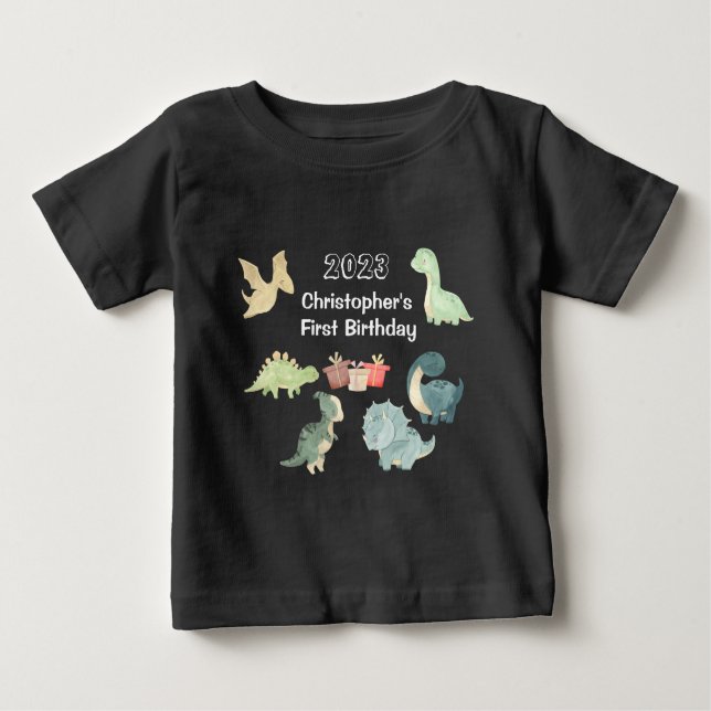 Camiseta Para Bebê Primeiro Aniversário do Bebê Aquarela Dinossauro F (Frente)