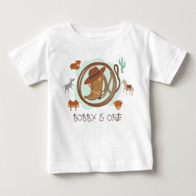 Camiseta Para Bebê Primeiro Aniversário do Cute Cowboy (Frente)