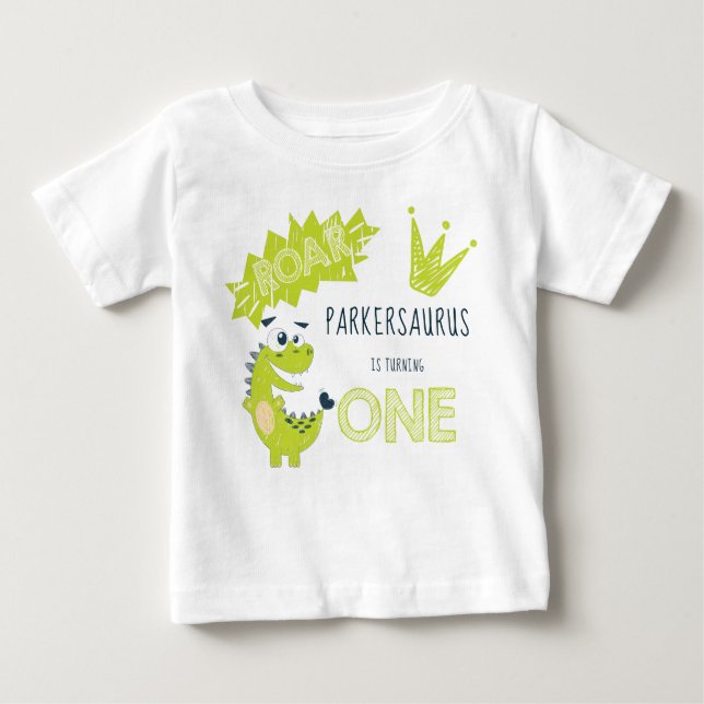 Camiseta Para Bebê Primeiro Aniversário do Dinossauro Verde da ROAR (Frente)