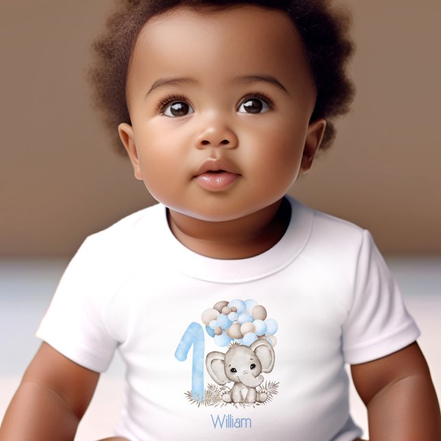 Camiseta Para Bebê Primeiro Aniversário do Menino do Elefante Azul (First Birthday Cute Blue Elephant Boy Baby T-Shirt)