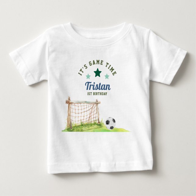 Camiseta Para Bebê Primeiro Aniversário do Novato do Futebol “É Hora  (Frente)