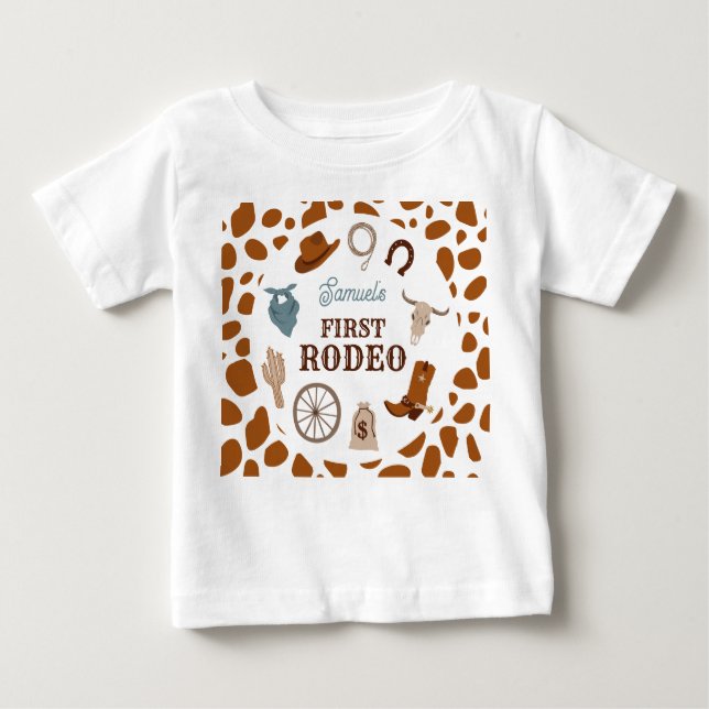 Camiseta Para Bebê Primeiro aniversário do Rodeo Wild West Brown Boy (Frente)