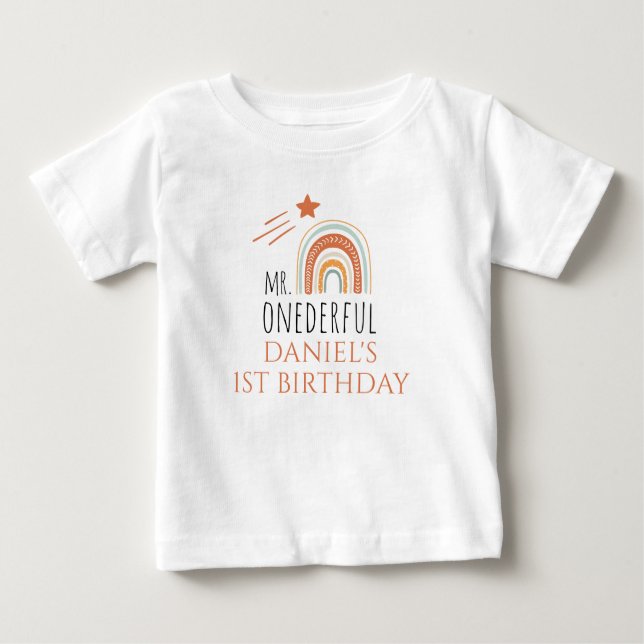 Camiseta Para Bebê Primeiro Aniversário do Sr. Oneince Boho Rainbow (Frente)