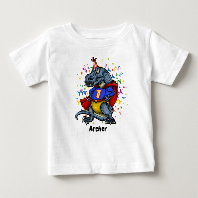 Camiseta Para Bebê Primeiro aniversario do super-herói de T-Rex (Frente)