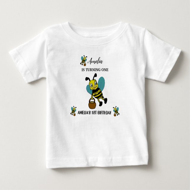Camiseta Para Bebê Primeiro aniversario do tema Abelhas Personalizado (Frente)
