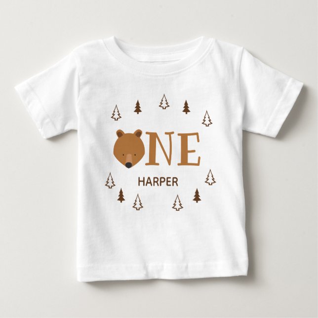 Camiseta Para Bebê Primeiro Aniversário do Urso da Floresta Um (Frente)
