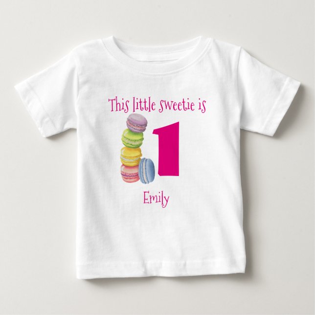 Camiseta Para Bebê Primeiro Aniversário Doce Macarons Personalizado (Frente)
