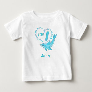 Camiseta Para Bebê Primeiro aniversario Dolphin Heart Baby Bodyfit
