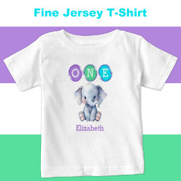 Camiseta Para Bebê Primeiro aniversario elefante com nome púrpura