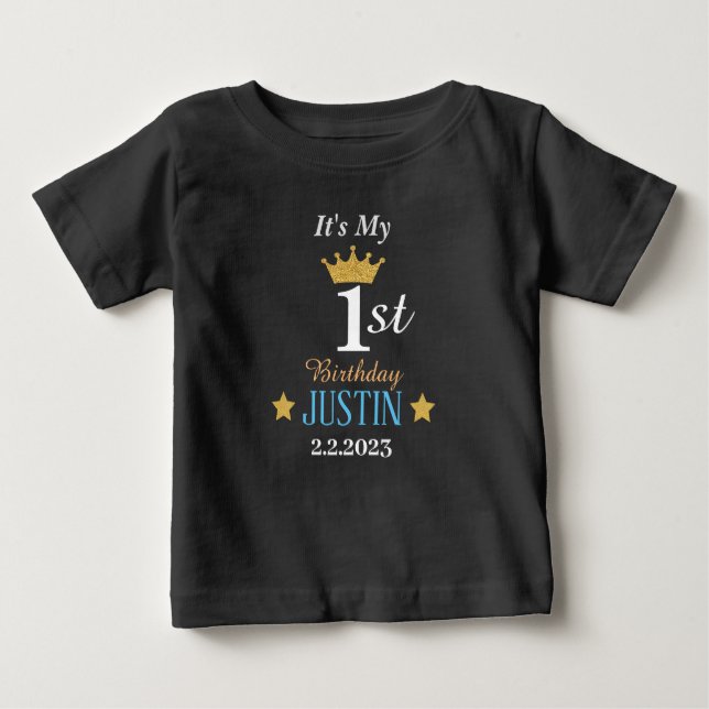 Camiseta Para Bebê Primeiro aniversario Elegante personalizado preto (Frente)