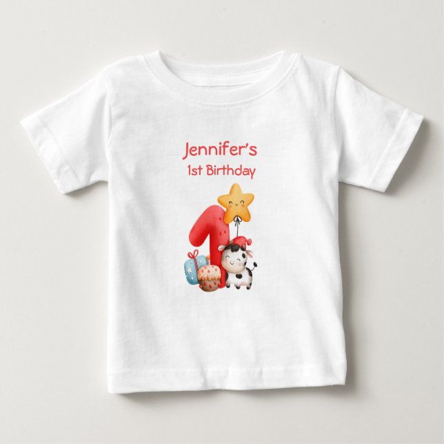 Camiseta Para Bebê Primeiro aniversario Feliz de Vaca (Frente)