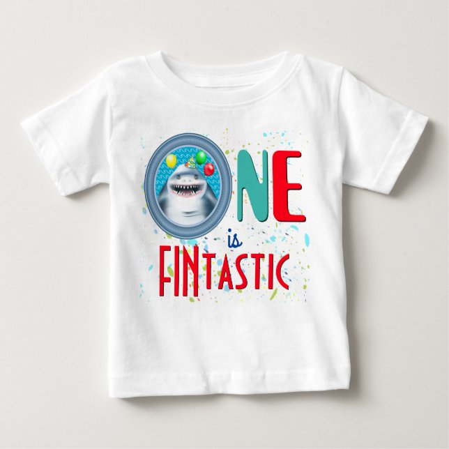Camiseta Para Bebê Primeiro Aniversário Fintástico do Tubarão (Frente)