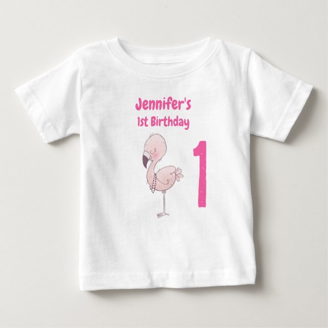 Camiseta Para Bebê Primeiro aniversario Flamingo Cor-de-Rosa (Frente)
