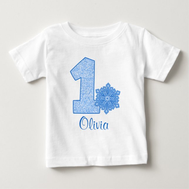 Camiseta Para Bebê Primeiro aniversario Floco de Neve Azul Personaliz (Frente)