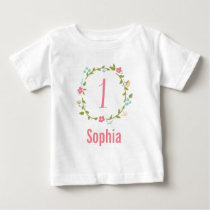 Camiseta Para Bebê Primeiro aniversario floral da menina da grinalda
