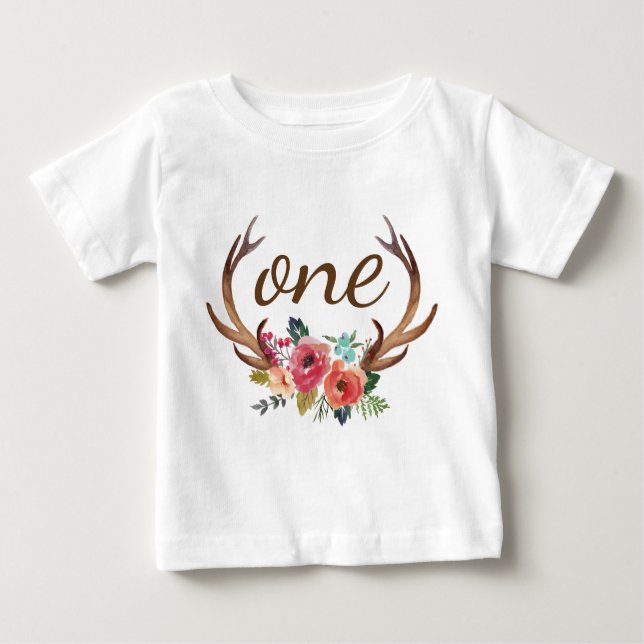 Camiseta Para Bebê primeiro aniversario Floral Deer Horn Personalizad (Frente)