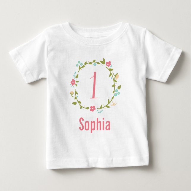 Camiseta Para Bebê Primeiro aniversario Floral Wreath Girl Personaliz (Frente)