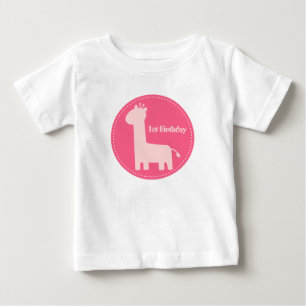 Camiseta Para Bebê primeiro aniversario - Garota Rosa Girafa Silhout