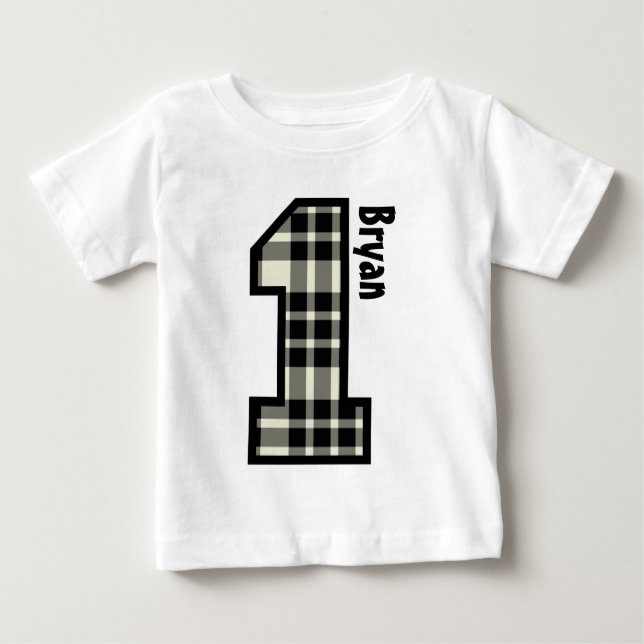 Camiseta Para Bebê primeiro aniversario Garoto XADREZ de um ano Nome  (Frente)