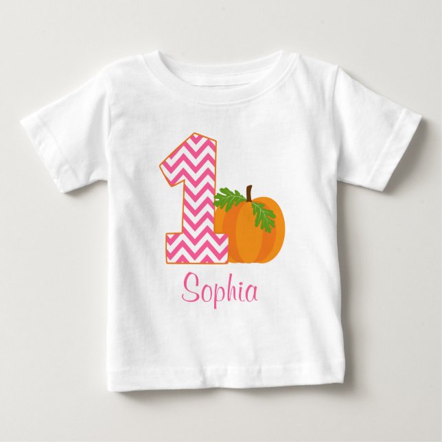 Camiseta Para Bebê primeiro aniversario Girl Chevron Pumpkin Personal (Frente)