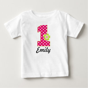 Camiseta Para Bebê primeiro aniversario Girl Hot Pink & Green Pontos