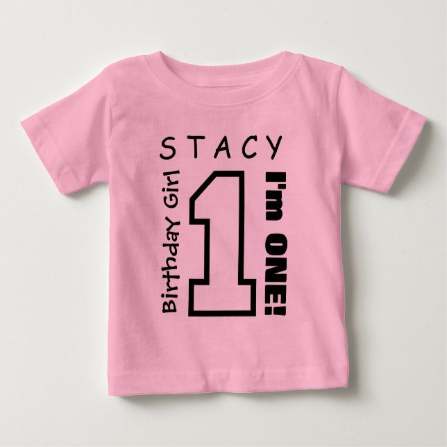 Camiseta Para Bebê primeiro aniversario Girl One Year Custom Name Pin (Frente)