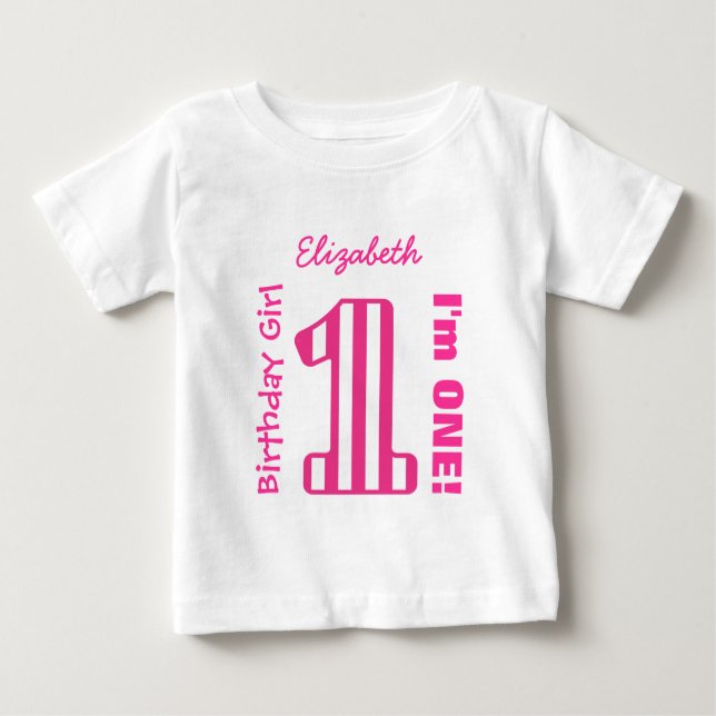 Camiseta Para Bebê primeiro aniversario Girl STRIPED UM Ano Personali (Frente)