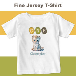 Camiseta Para Bebê Primeiro aniversario-leopardo com nome azul