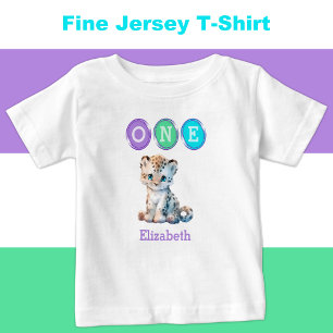 Camiseta Para Bebê Primeiro aniversario-leopardo com nome roxo