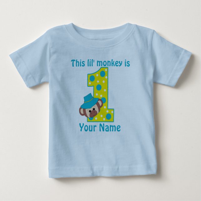 Camiseta Para Bebê primeiro aniversario Macaco Menino Personalizado (Frente)