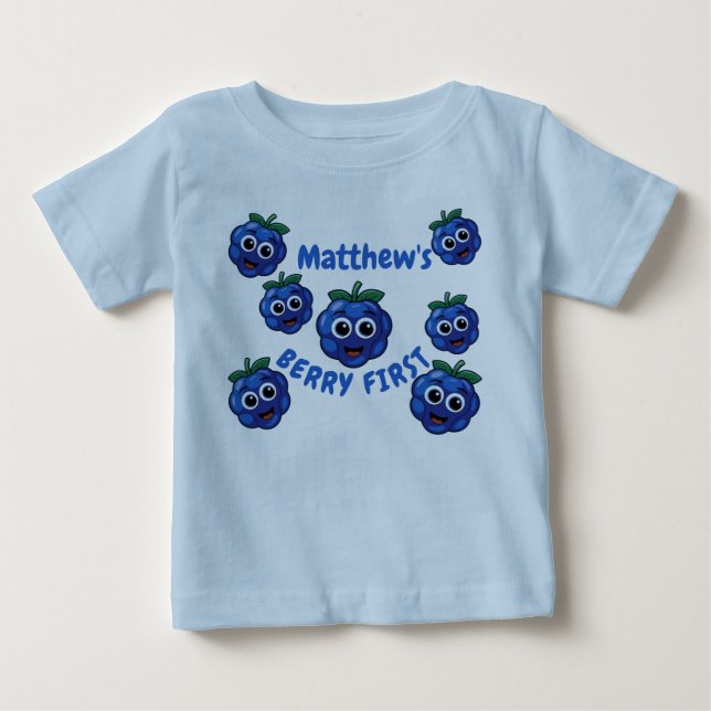Camiseta Para Bebê Primeiro Aniversário Menino Blue Berry 1º (Frente)