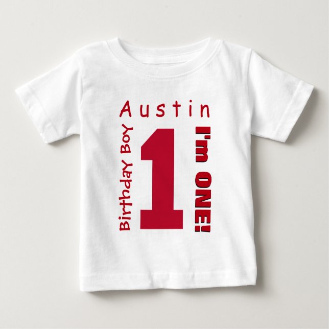 Camiseta Para Bebê primeiro aniversario Menino Um Ano Vermelho Branco (Frente)