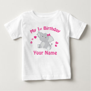 Camiseta Para Bebê primeiro aniversario Moça Elefante Personalizada C