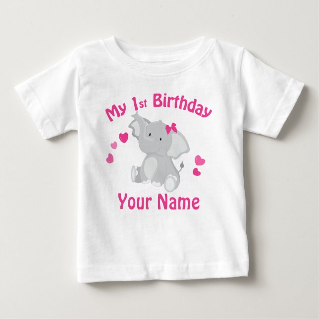 Camiseta Para Bebê primeiro aniversario Moça Elefante Personalizada C (Frente)