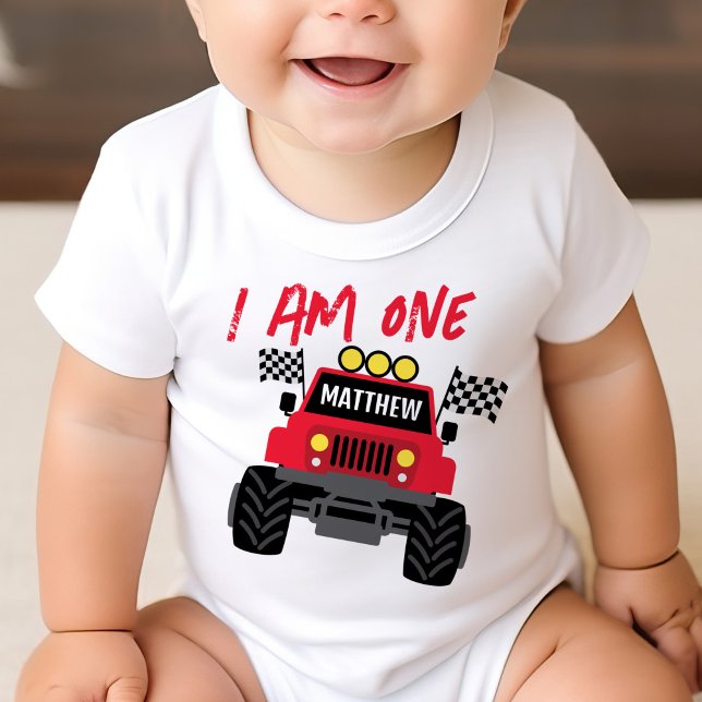 Camiseta Para Bebê Primeiro aniversario Monster Truck Boy Personaliza (Criador carregado)