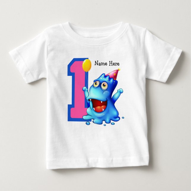 Camiseta Para Bebê Primeiro aniversario Monstro Azul Personalizado (Frente)