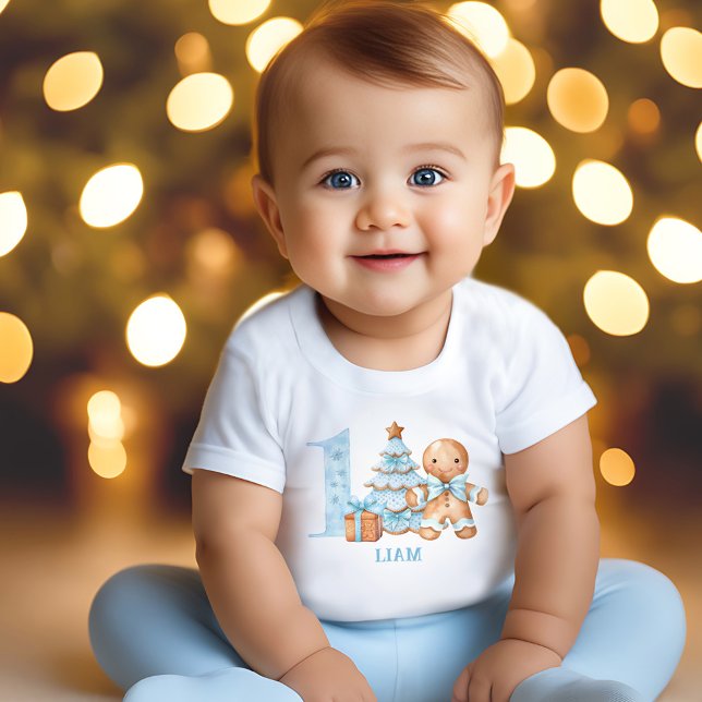 Camiseta Para Bebê primeiro aniversario Natal Azul Gingerpão Nome (1st Birthday Christmas Blue Gingerbread Man Name Baby T-Shirt)