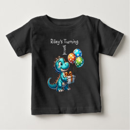 Camiseta Para Bebê Primeiro Aniversário Nome e Idade do Dinossauro