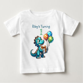 Camiseta Para Bebê Primeiro Aniversário Nome e Idade do Dinossauro