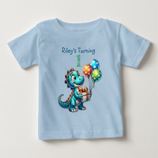 Camiseta Para Bebê Primeiro Aniversário Nome e Idade do Dinossauro (Frente)