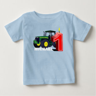 Camiseta Para Bebê Primeiro aniversário personalizado do trator verd