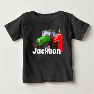 Camiseta Para Bebê Primeiro aniversário personalizado do trator verd