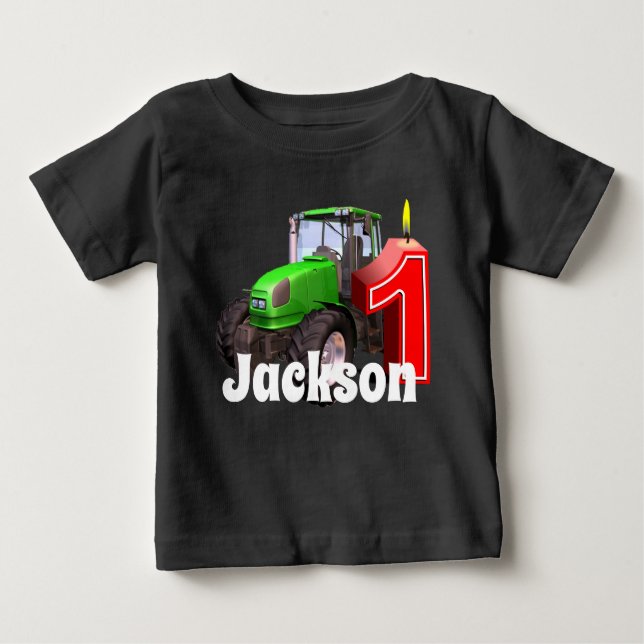 Camiseta Para Bebê Primeiro aniversário personalizado do trator verde (Frente)