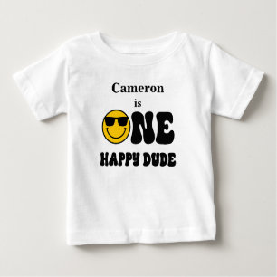 Camiseta Para Bebê Primeiro aniversario Preto Amarelo Um Duo Feliz